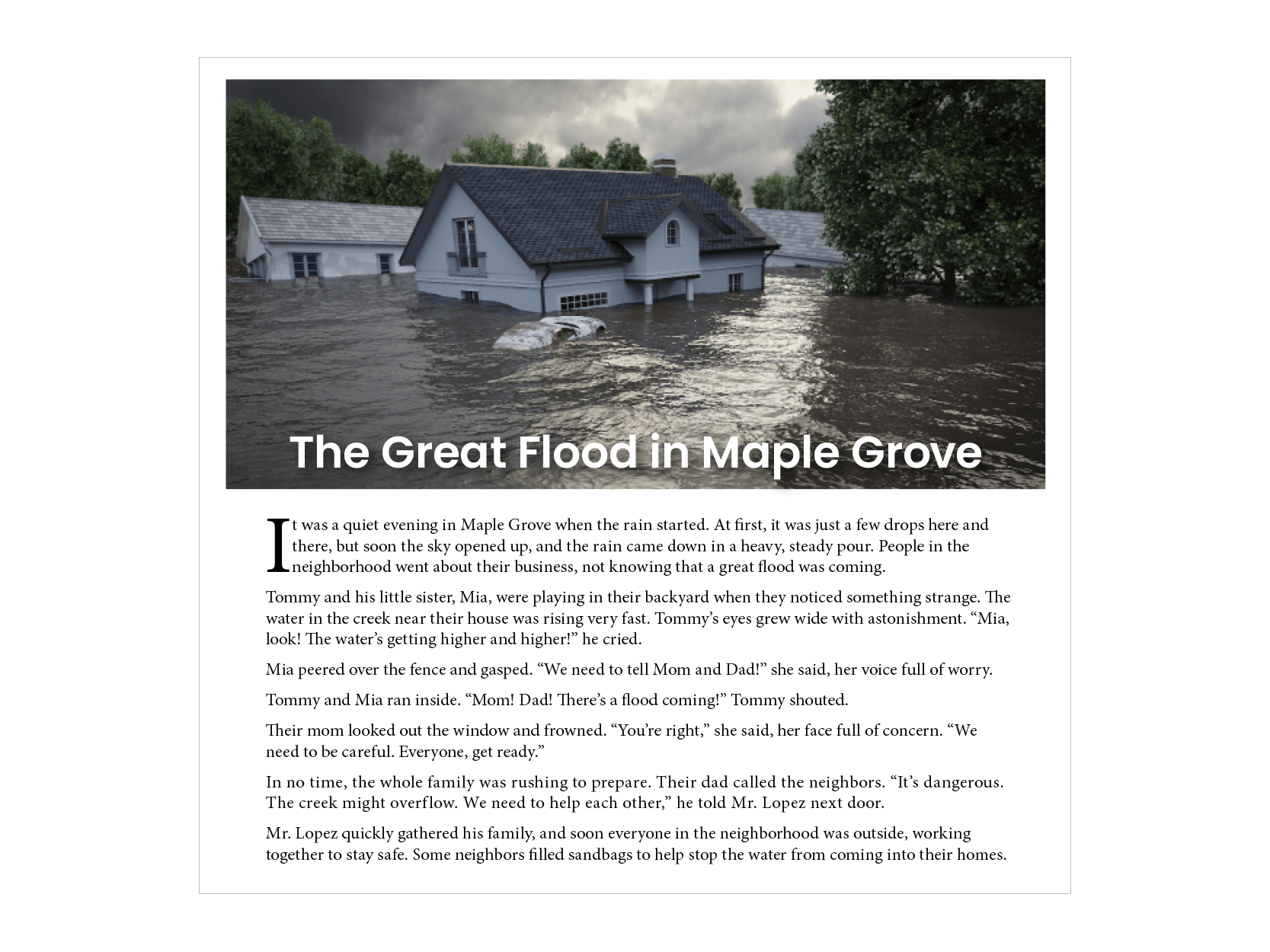 An AI-produced piece of short text using targeted vocabulary words to connect back to a previously introduced, longer text with the same targeted vocabulary words.