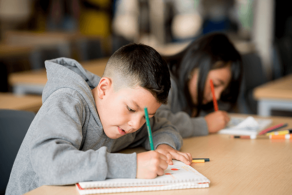 Photograph of two students at their desks on a disciplinary literacy project.
