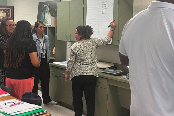 Teachers at Monahans-Wickett-Pyote ISD collaborating in a PLC session.