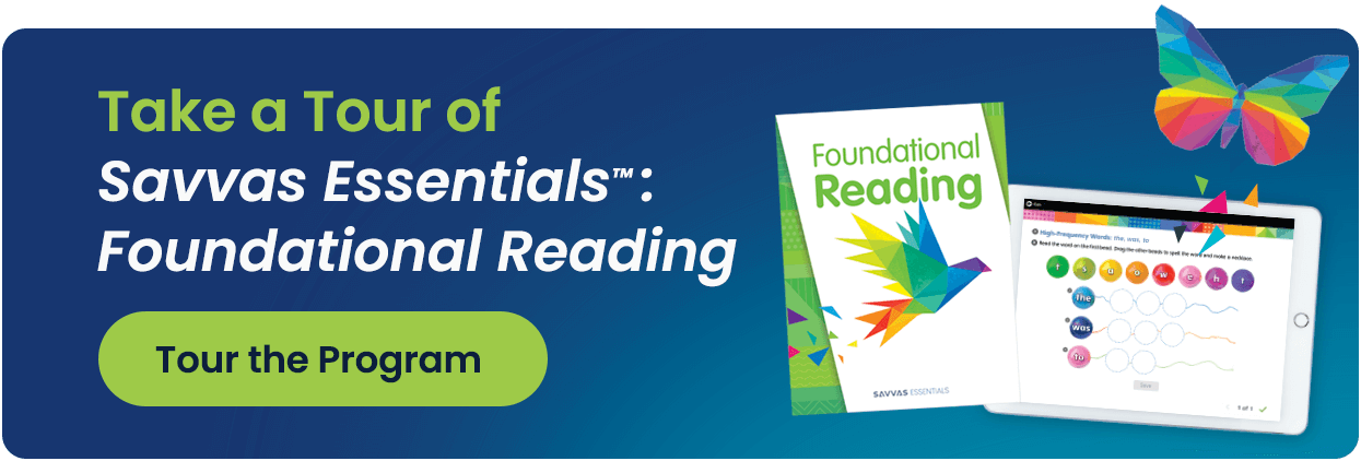 Banner to sign take an interactive tour of Savvas Essentials: Foundational Reading.