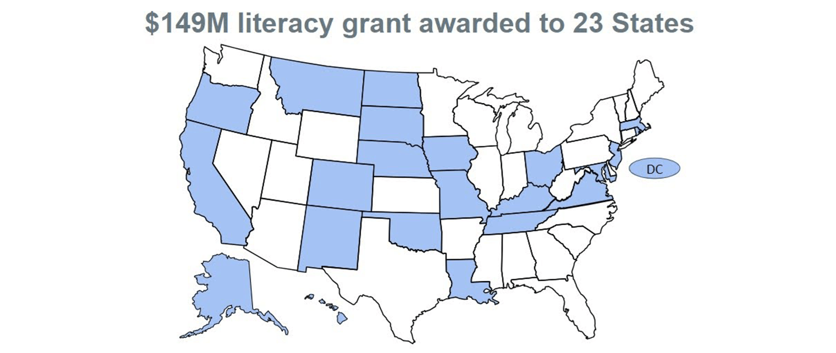 Map of the United states with the 22 states along with Washingtong DC that recieved funding highlighted in blue