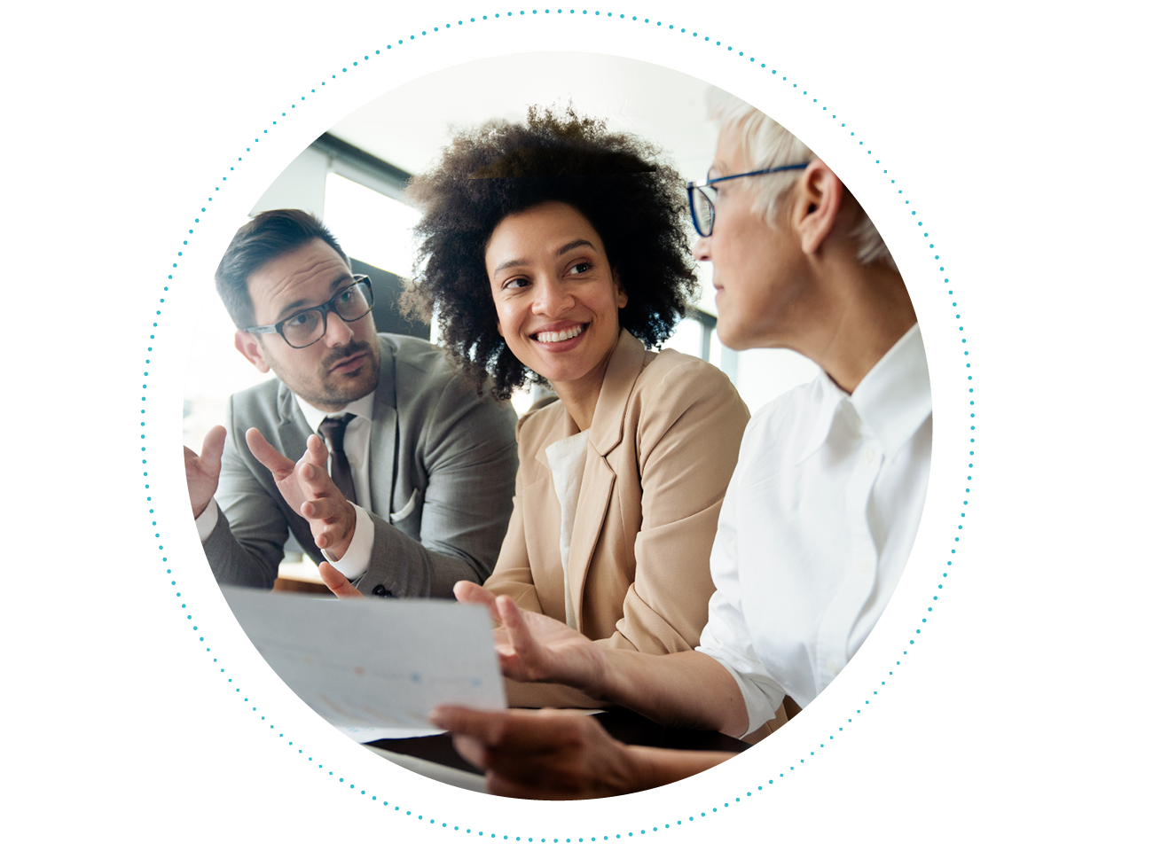 Photograph, three school administrators discussing their school’s implementation of the Science of Reading