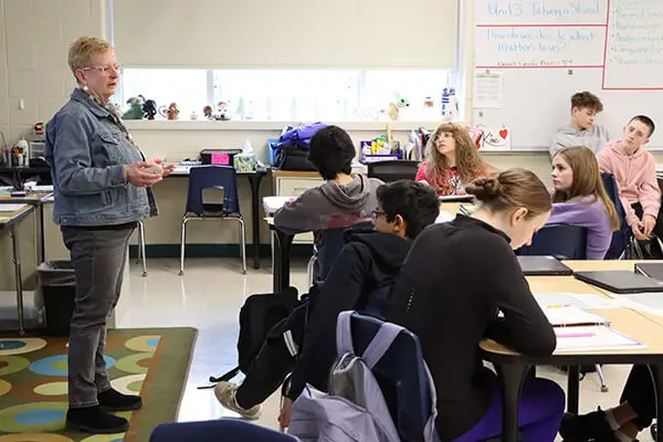 Students participate in a whole-class literacy lesson at Glacier Creek Middle School in Middleton-Cross Plains Area School District.