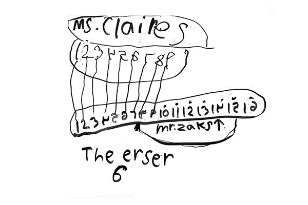 First-grade student work showing a math problem solving strategy using one-to-one correspondence to compare quantities.