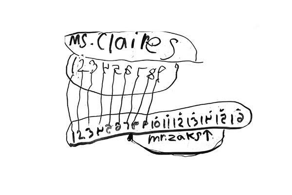 First-grade student work showing a math problem solving strategy using one-to-one correspondence to compare quantities.