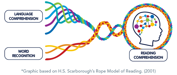 Graphic based on H.S. Scarborough’s Rope Model of Reading (2001) showing that many different reading skills work together toward reading comprehension.