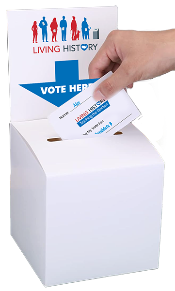An illustration of a ballot box with a hand putting a ballot into the box.
