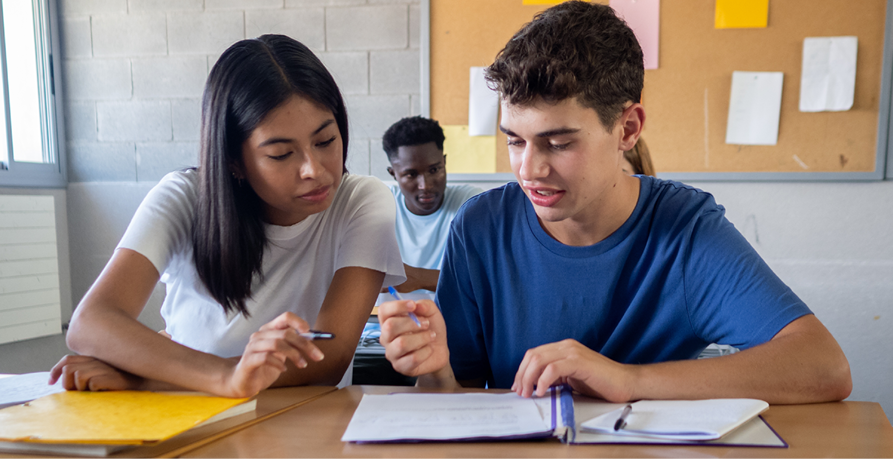 Photograph of two students working together as part of the think-pair-share scaffolding strategy to support comprehension.