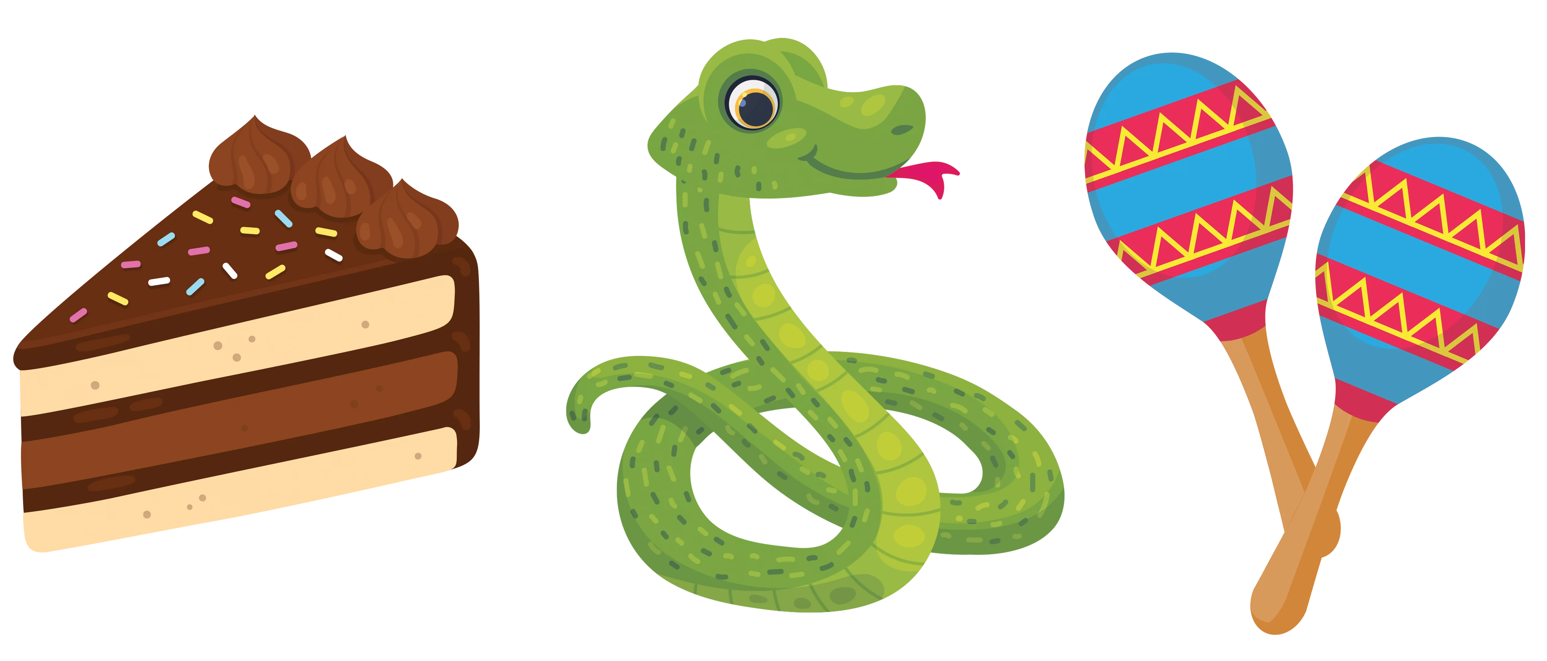 Illustration of a slice of cake, a green snake, and a pair of maracas, accompanying the silly rhyming poem that students wrote as part of their word families phonics practice.