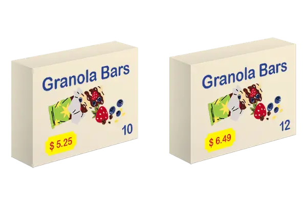 Student using ratio reasoning to compare two granola bar prices, demonstrating number sense and real-world numeracy skills.