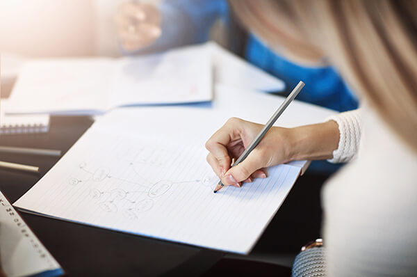 The photo shows a student creating a semantic map in their notebook during a vocabulary lesson. 