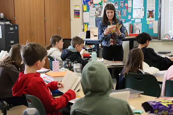 Students participate in a whole-class literacy lesson at Glacier Creek Middle School in Middleton-Cross Plains Area School District.