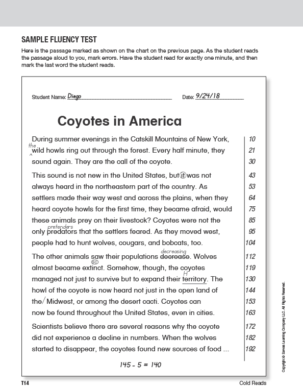 A reading passage titled “Coyotes in America” that a teacher has marked up after listening to a student read it aloud in order to assess for inaccuracies in oral reading fluency.