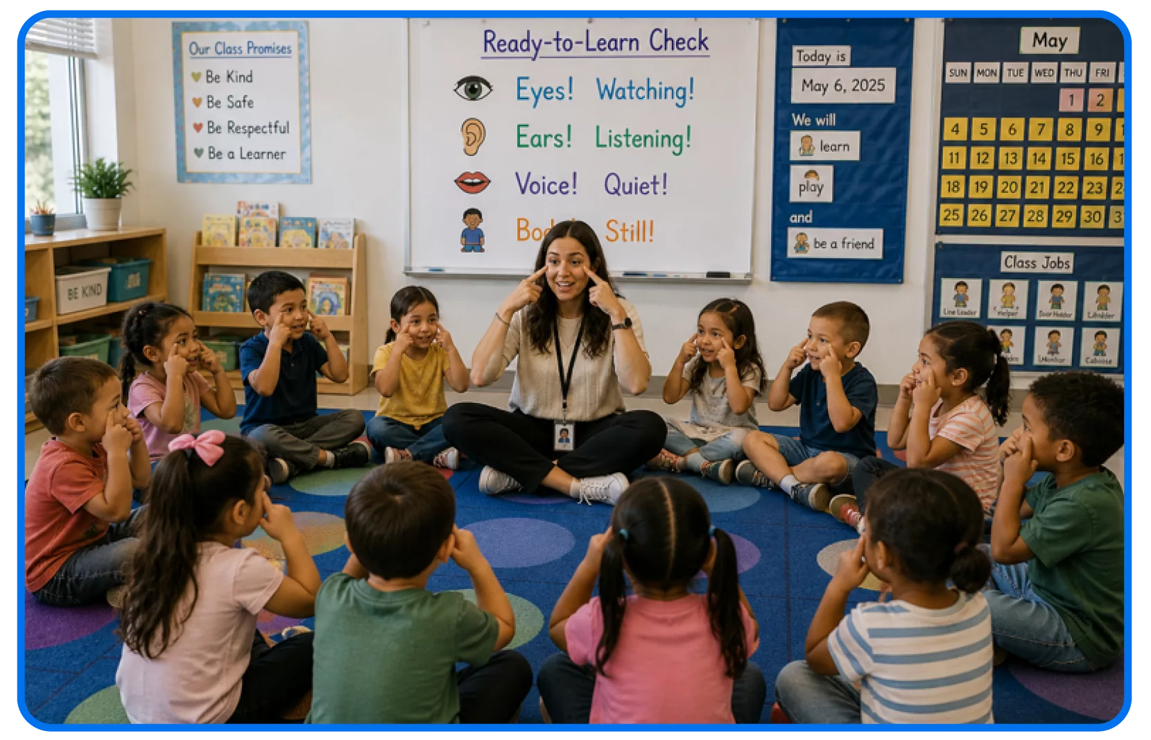 A kindergarten teacher sits on a rug surrounded by her kindergarten students. To prepare them for read-aloud time, she points to her eyes to indicate that students should watch her. The kindergarteners copy the gesture. Behind her, a chart shows the four steps of her developmentally appropriate kindergarten instructional routine: Eyes Watching, Ears Listening, Voice Quiet, and Body Still.