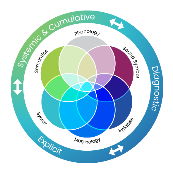 Diagram showing the six foundational components of structured literacy and three evidence-based instructional principles.