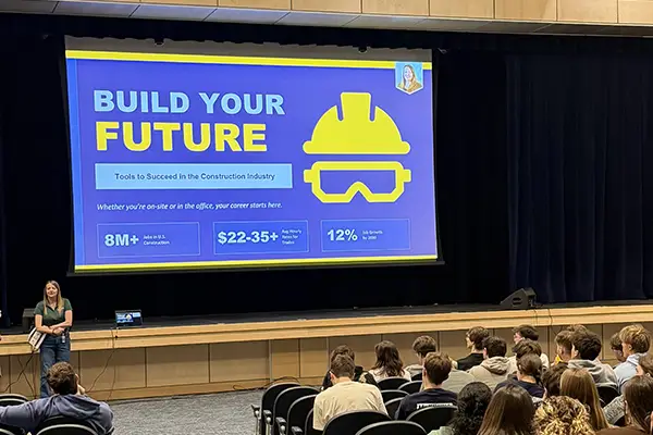 Norwin School District students attend a workforce development presentation about careers in the construction industry during a school-sponsored career readiness event.