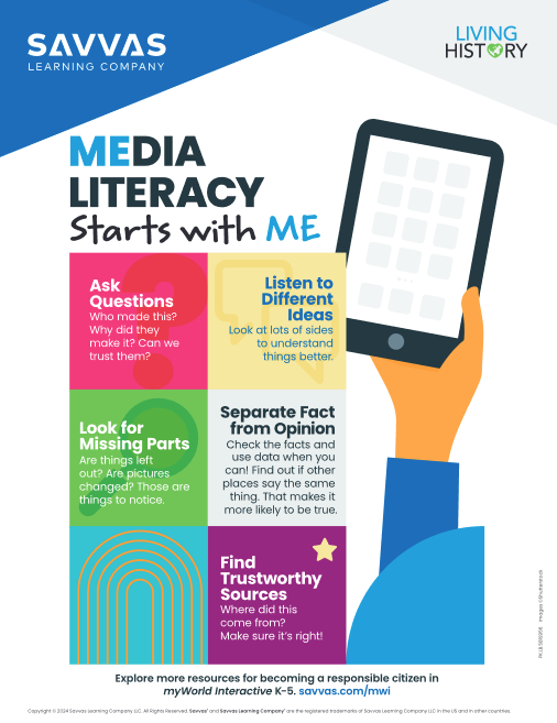 Media Literacy Starts with Me” poster from Savvas Learning Company shows a simple breakdown of how to help student learn media literacy: encouraging them to ask questions, listen to different ideas, look for missing parts, separate fact from fiction, and find trustworthy sources.