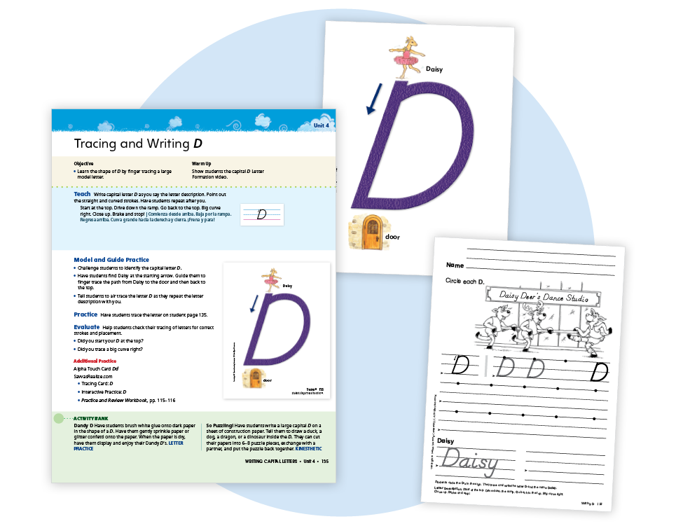 D'Nealian Handwriting Curriculum Cursive D manuscript letter sample lesson.