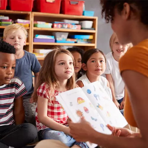 Image of teacher in front of a classroom of elementary aged students teaching reading comprehension skills.