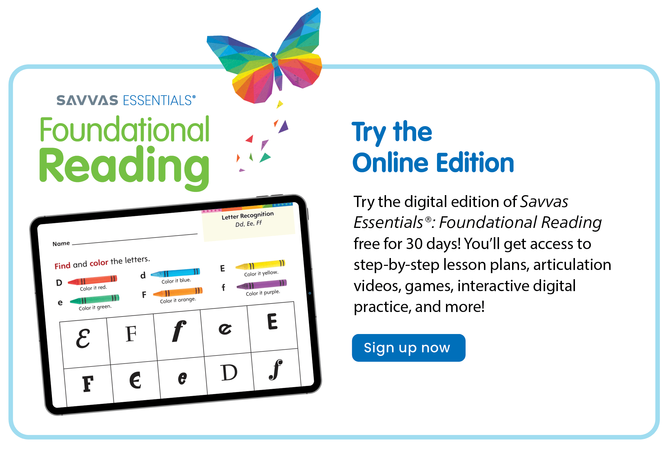 Image of a lesson from Savvas Essentials: Foundational Reading, a program that targets phonological awareness and phonemic awareness. Link to sign up for a free trial.